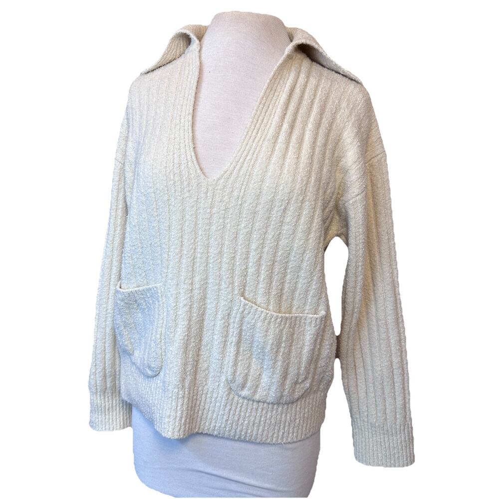 J.Crew Boucle Beach Sweater Womens S Cream Ribbed V Neck Coastal Preppy - Picture 11 of 11